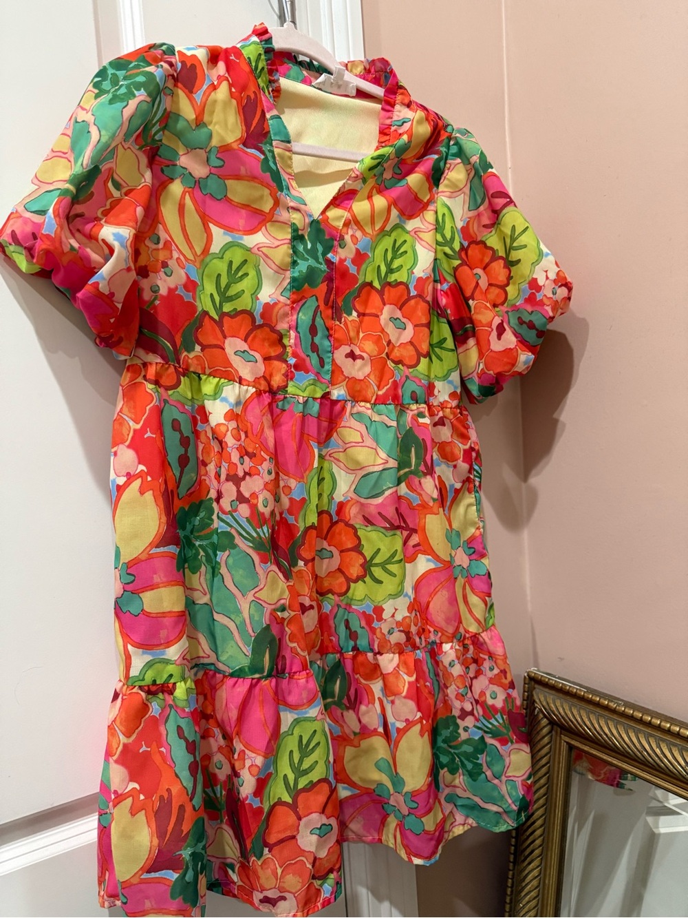 Bright Floral Tiered Dress - Pink & Green